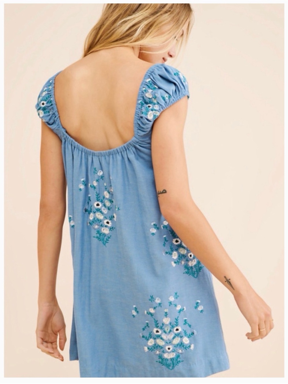 Free People Cap-Sleeve Blue Floral Embroidered Mini Dress - Picture 10 of 10